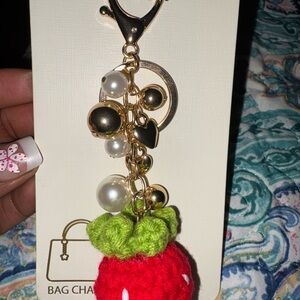 Strawberry Charm Keychain with Pearls and Gold Accents
